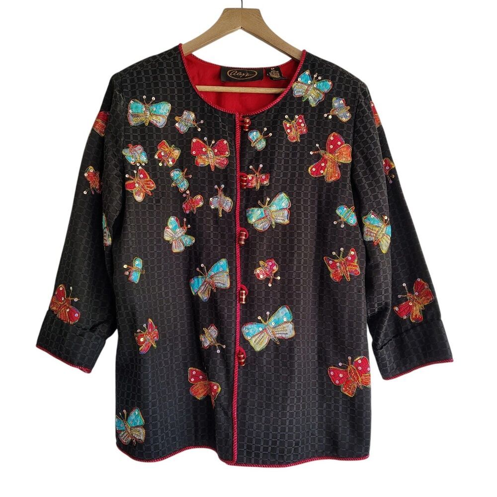 Alex Kim Vintage Embroidered Butterfly Jacket M Beaded Sequin Textured Toggle